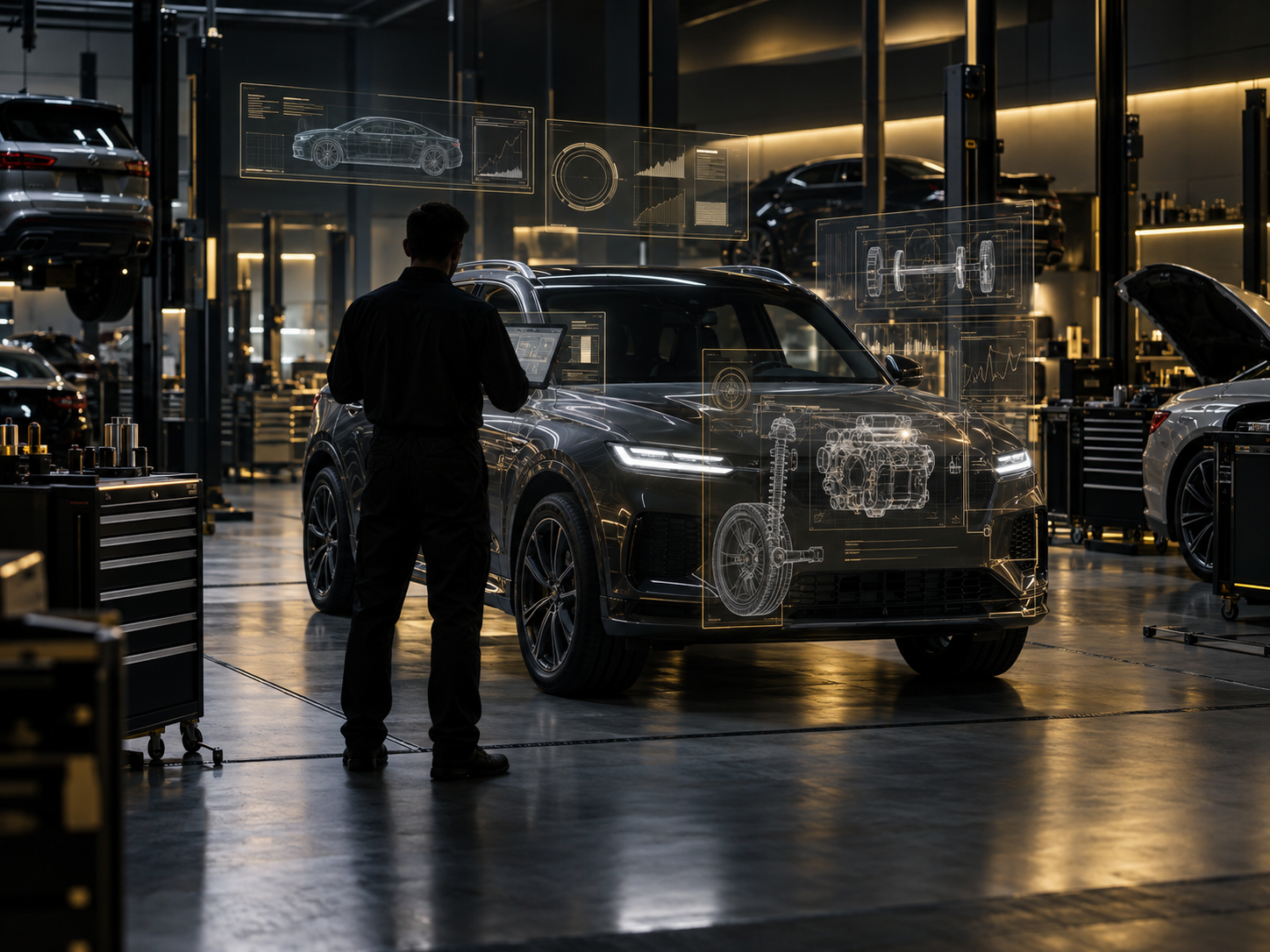 Diagnostic électronique futuriste dans un atelier automobile